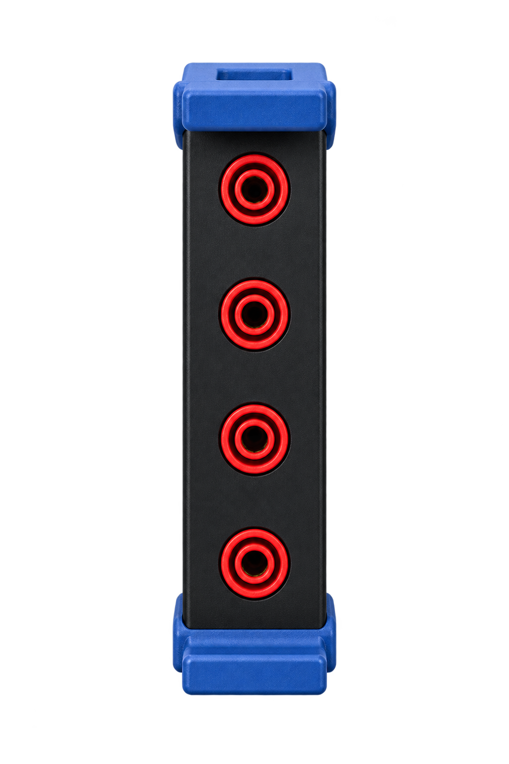 Straight-on front view of the multimeter concept, showing four red sockets and blue upper and lower handles